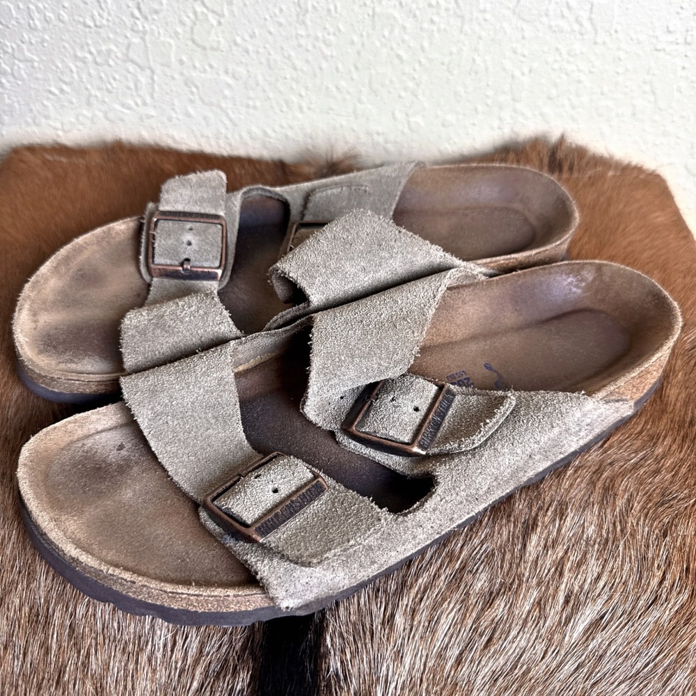 Birkenstock Suede Two-Strap Sandals in Taupe